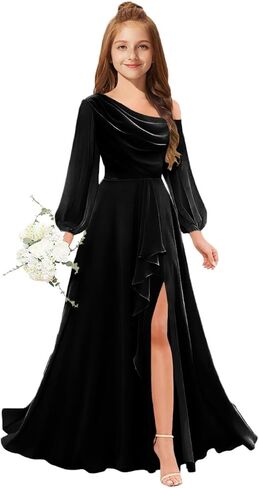 MRHUSH Junior Bridesmaid Dresses One Shoulder Flower Girl Dress Long Sleeve Chiffon Ruffle Girls Formal Prom Gowns with Slit in Saudi Arabia