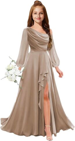 MRHUSH Junior Bridesmaid Dresses One Shoulder Flower Girl Dress Long Sleeve Chiffon Ruffle Girls Formal Prom Gowns with Slit in Saudi Arabia