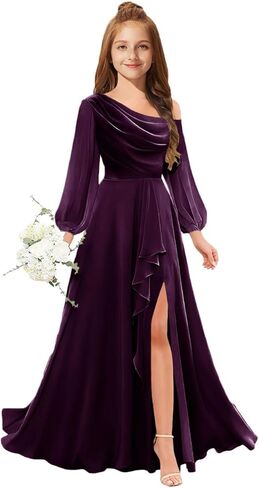 MRHUSH Junior Bridesmaid Dresses One Shoulder Flower Girl Dress Long Sleeve Chiffon Ruffle Girls Formal Prom Gowns with Slit in Saudi Arabia