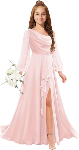 MRHUSH Junior Bridesmaid Dresses One Shoulder Flower Girl Dress Long Sleeve Chiffon Ruffle Girls Formal Prom Gowns with Slit in Saudi Arabia