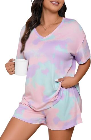 Wdirara Women's Plus Tie Tie Dye Pajama v Neck Shorts and Shorts 2 قطعة ليلية in Saudi Arabia