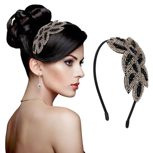 Sibba 1920s Headbands for Women Head Bands Accessories Crystal Bridal Wedding Black Headpiece 20s Rhinestone Flapper Vintage Hair Valentines Accessory for Girls Costume Prom Party Retro (Black Gold) in Saudi Arabia
