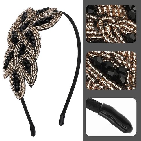 Sibba 1920s Headbands for Women Head Bands Accessories Crystal Bridal Wedding Black Headpiece 20s Rhinestone Flapper Vintage Hair Valentines Accessory for Girls Costume Prom Party Retro (Black Gold) in Saudi Arabia