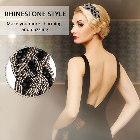 Sibba 1920s Headbands for Women Head Bands Accessories Crystal Bridal Wedding Black Headpiece 20s Rhinestone Flapper Vintage Hair Valentines Accessory for Girls Costume Prom Party Retro (Black Gold) in Saudi Arabia