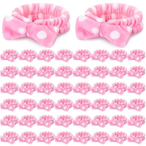 Wavyknot 50 Pcs Pink Spa Headband Bulk Spa Sleepover Party Supplies for Washing Face with Removable Bow Makeup Elastic Bowknot Headbands for Women Gifts Soft Skincare Microfiber Hairbands(Pink Style) in Kuwait
