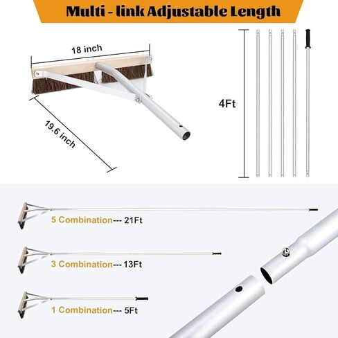 Leaf Roof Brush and Roof Rake, 21 Ft Adjustable Length Roof Cleaning Tool, Remove Roof Leaves Safely, with Natural Brush Head, Lightweight, Easy to Use & Store in Saudi Arabia