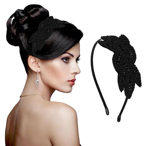 Sibba 1920s Headbands for Women Head Bands Accessories Crystal Bridal Wedding Black Headpiece 20s Rhinestone Flapper Vintage Hair Valentines Accessory for Girls Costume Prom Party Retro (Black Gold) in Saudi Arabia
