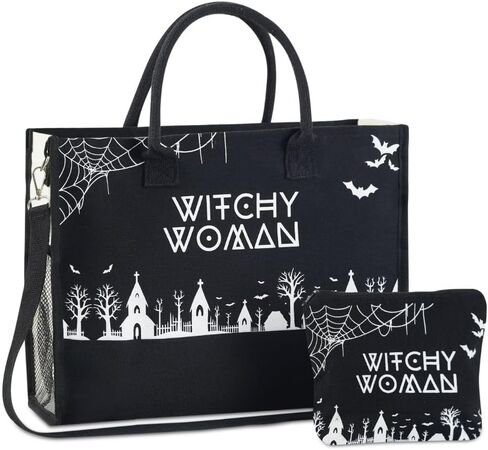 حقيبة حمل قماشية من InnoBeta Witchy Gifts للنساء والفتيات الساحرات، حقيبة بطابع الهالوين مع إغلاق بسحاب علوي وحزام كتف، هدايا قوطية للهالوين وأعياد الميلاد والكريسماس - أسود in Saudi Arabia