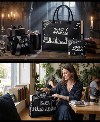حقيبة حمل قماشية من InnoBeta Witchy Gifts للنساء والفتيات الساحرات، حقيبة بطابع الهالوين مع إغلاق بسحاب علوي وحزام كتف، هدايا قوطية للهالوين وأعياد الميلاد والكريسماس - أسود in Saudi Arabia