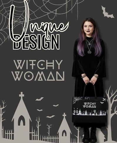 حقيبة حمل قماشية من InnoBeta Witchy Gifts للنساء والفتيات الساحرات، حقيبة بطابع الهالوين مع إغلاق بسحاب علوي وحزام كتف، هدايا قوطية للهالوين وأعياد الميلاد والكريسماس - أسود in Saudi Arabia