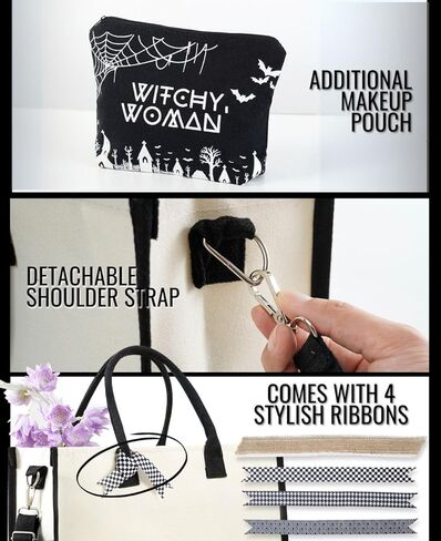 حقيبة حمل قماشية من InnoBeta Witchy Gifts للنساء والفتيات الساحرات، حقيبة بطابع الهالوين مع إغلاق بسحاب علوي وحزام كتف، هدايا قوطية للهالوين وأعياد الميلاد والكريسماس - أسود in Saudi Arabia