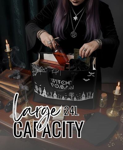 حقيبة حمل قماشية من InnoBeta Witchy Gifts للنساء والفتيات الساحرات، حقيبة بطابع الهالوين مع إغلاق بسحاب علوي وحزام كتف، هدايا قوطية للهالوين وأعياد الميلاد والكريسماس - أسود in Saudi Arabia