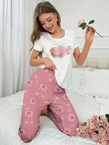 Women's Heart Two Piece Pajamas Sets Short Sleeve Shirt and Pants Lounge Sets Soft PJS Outfits in Saudi Arabia