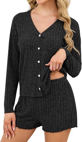 REVETRO المرأة مثير بيجامة مجموعات زر أسفل صالة مجموعة 2 قطعة طويلة الأكمام متماسكة سترة السراويل منامة الربيع وتتسابق in Kuwait