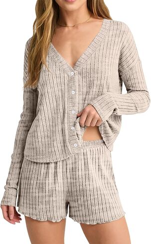 REVETRO Womens Sexy Pajama Sets Button Down Lounge Set 2 Piece Long Sleeve Knit Sweater Shorts Pajamas Spring Outfits in Saudi Arabia