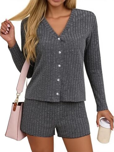 REVETRO Womens Sexy Pajama Sets Button Down Lounge Set 2 Piece Long Sleeve Knit Sweater Shorts Pajamas Spring Outfits in Saudi Arabia