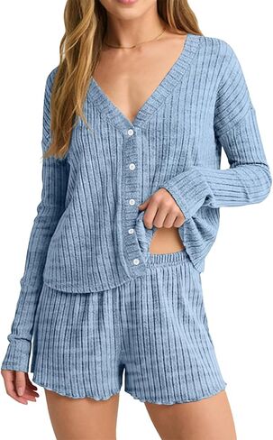 REVETRO Womens Sexy Pajama Sets Button Down Lounge Set 2 Piece Long Sleeve Knit Sweater Shorts Pajamas Spring Outfits in Saudi Arabia