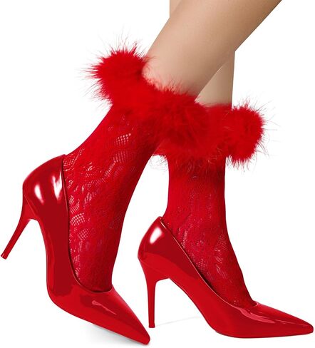 Zando Ruffle Socks Woman with Fake Feather Cuffs-Halloween Sexy Fishnet Lace Mesh Ankle Socks for Girls Parties Cosplay in Saudi Arabia