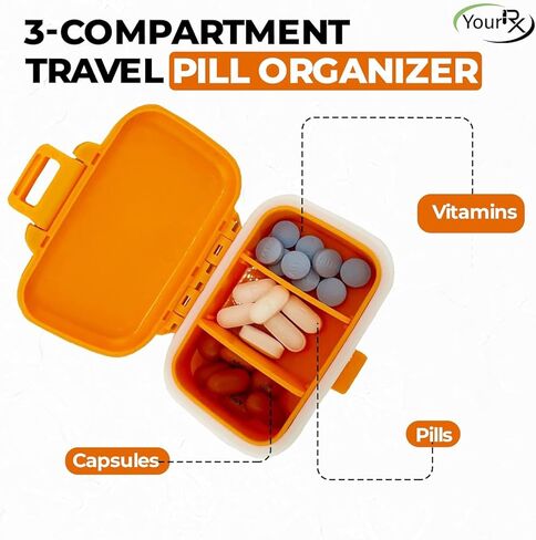 منظم حبوب الدواء للسفر من YourRx - حافظة حبوب الدواء متينة ومضادة للماء بحجم مناسب للسفر مع 3 مقصورات - حقيبة سفر صغيرة الحجم للفيتامينات والمكملات الغذائية والأدوية - حاوية حبوب السفر للمحفظة (برتقالي) in Kuwait