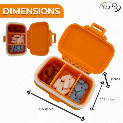 منظم حبوب الدواء للسفر من YourRx - حافظة حبوب الدواء متينة ومضادة للماء بحجم مناسب للسفر مع 3 مقصورات - حقيبة سفر صغيرة الحجم للفيتامينات والمكملات الغذائية والأدوية - حاوية حبوب السفر للمحفظة (برتقالي) in Kuwait