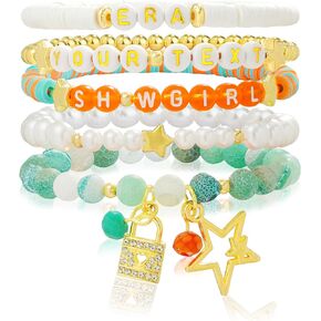 VietHerb Beaded Bracelet Set, Orange and Turquoise, 5 Piece Lock and Star Charm, Stretch Bracelets. Gifts for girlfriend on birthday and Christmas in Saudi Arabia