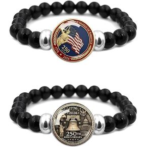 Gmbkouo 2 قطعة مجموعة أساور الخرزة السوداء للذكرى السنوية الـ 250 للولايات المتحدة مع قلادة علم زجاج كريستال، صناعة يدوية مرنة قابلة للتعديل للرجال والنساء، هدية مجوهرات يوم الاستقلال الوطني in Kuwait