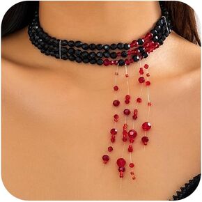 Vintage Gothic Pearl Blood Drip Choker Necklace for Women, Layered Black Beaded Red Crystal Tassel Drop Necklace Retro Halloween Party Jewelry Gift Accessories in Kuwait