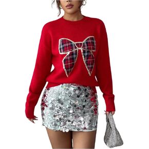 GORGLITTER Women's Valentine Bow Sweater Bow Sequin Plaid Cute Long Sleeve Crew Neck Knit Trendy Pullover Jumper Tops in Saudi Arabia