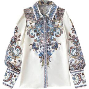 Floerns Women's Bohemian Paisley Bishop Sleeve Shirts Button Down Vacation Fall Outfit Blouse Tops in Saudi Arabia