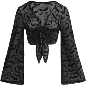 Verdusa Women's Y2k Gothic Clothes Sheer Mesh Top Tie Bell Sleeve Printed Wrap Blouse Shirt in Saudi Arabia