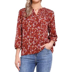 Allegra K V Neck Floral Shirt for Women's 3/4 Sleeve Smocked Front Casual Blouse Top in Saudi Arabia