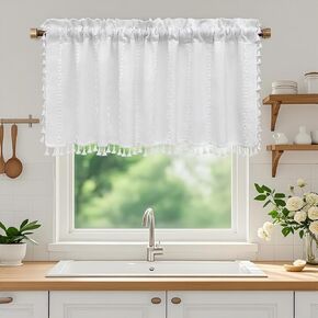 Boho Farmhouse Window Curtain with Tassels, 30 x 24 Inch Light Filtering Sheer Short Cafe Window Curtain Tier, White Linen Textured Pleated Small Window Drape for Kitchen or Bathroom, 1 Panel in Saudi Arabia