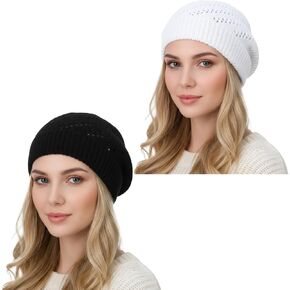 Tucnoeu 2pcs Black and White Lightweight Crochet Caps, Single-Layer Winter Fall Summer Mesh Knit Hats, Thin Crochet Beanie Hat for Women in Saudi Arabia