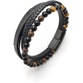 VANFORWYN Mens Tiger Eye Matte Black Onyx Beaded Bracelet Black Braided Genuine Leather Bracelet Stainless Steel Bangle 8mm Natural Protection Stone Gifts for Men in Saudi Arabia