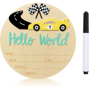 Baby Announcement Sign, 5.9 Inch Wooden Hello World Newborn Sign,Welcome Baby Signs,Birth Announcement Signs,Newborn Name Personalized for Photo Prop race car Design Hospital Nursery (Blue,Green car) in Saudi Arabia