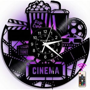 ساعة حائط سينما 12 بوصة - ديكور فيلم عتيق مع تصميم الفشار/التذكرة/نظارات ثلاثية الأبعاد، فينيل مقطوع بالليزر، حركة كوارتز صامتة، هدية مسرح مثالية وديكور منزلي (أسود) in Kuwait