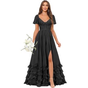 Gjvgj Short Sleeve Bridesmaid Dress for Wedding Chiffon V-Neck Corset Ruffled Long Formal Dresses with Slit in Kuwait