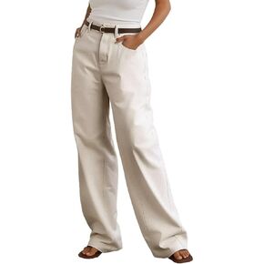 Flamingals Women's Wide Straight Leg Pants Stretchy Causal Baggy High Waist Solid Wash Loose Long Pant Beige 4XL in Kuwait