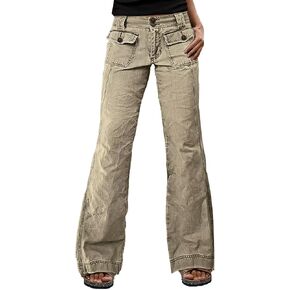Flamingals Straight Leg Mid Waist Seam Front Solid Flap Pocket Pants for Women in Kuwait