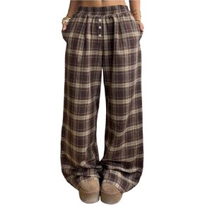 RoseSeek Women's Plaid Wide Leg Pants Button Down Elastic Waisted Trousers Casual Pants in Kuwait