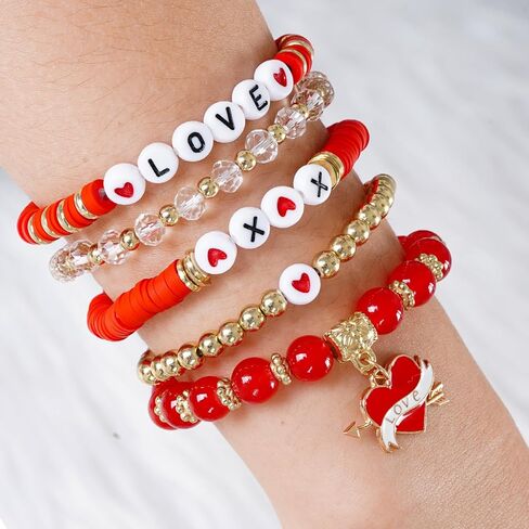 yeabwps Stacked Love & Heart Beaded Bracelets - Valentines Gifts for Her with LOVE Heart Charm for Girlfriend, Lover, Best Friends, Wife, Women in Saudi Arabia
