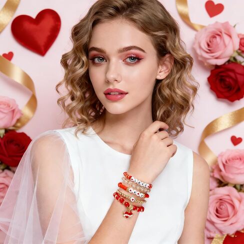 yeabwps Stacked Love & Heart Beaded Bracelets - Valentines Gifts for Her with LOVE Heart Charm for Girlfriend, Lover, Best Friends, Wife, Women in Saudi Arabia