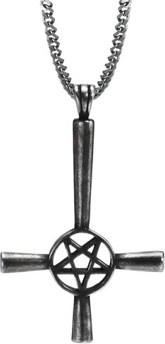 925 Sterling Silver Upside Down Cross Necklace, Cool Punk Upside Down Cross Satan David Star Pendant Necklaces for Men, Vintage Cuban Chain Collar Rosary Gifts Jewelry, Inverted Cross Necklace. Inverted Cross Pendant, Upside down chain in Saudi Arabia