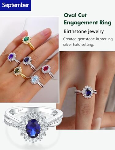 RANDES Oval Engagement Ring Sterling Silver/14K Gold Plated Sapphire/Emerald/Ruby/Aquamarine 2 Cttw Gemstone Halo Rings Split Shank Statement Rings for Women Size 6-10 in Saudi Arabia