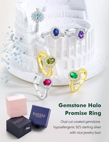 RANDES Oval Engagement Ring Sterling Silver/14K Gold Plated Sapphire/Emerald/Ruby/Aquamarine 2 Cttw Gemstone Halo Rings Split Shank Statement Rings for Women Size 6-10 in Saudi Arabia