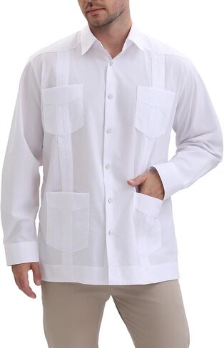 قمصان MAXJON الرجالية Guayabera للرجال بأكمام طويلة قمصان كوبية بأزرار خاطفة قمصان Guayabera المكسيكية بأربعة جيوب in Kuwait