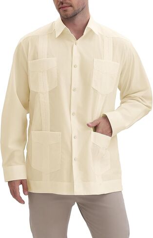 قمصان MAXJON الرجالية Guayabera للرجال بأكمام طويلة قمصان كوبية بأزرار خاطفة قمصان Guayabera المكسيكية بأربعة جيوب in Kuwait