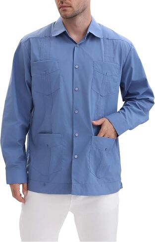 قمصان MAXJON الرجالية Guayabera للرجال بأكمام طويلة قمصان كوبية بأزرار خاطفة قمصان Guayabera المكسيكية بأربعة جيوب in Kuwait