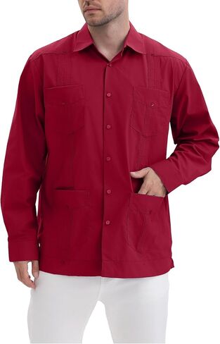 قمصان MAXJON الرجالية Guayabera للرجال بأكمام طويلة قمصان كوبية بأزرار خاطفة قمصان Guayabera المكسيكية بأربعة جيوب in Kuwait