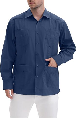 قمصان MAXJON الرجالية Guayabera للرجال بأكمام طويلة قمصان كوبية بأزرار خاطفة قمصان Guayabera المكسيكية بأربعة جيوب in Kuwait